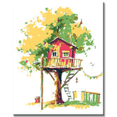 Paint by Numbers Art Illustration Red Tree House in Yellow Green Tree
